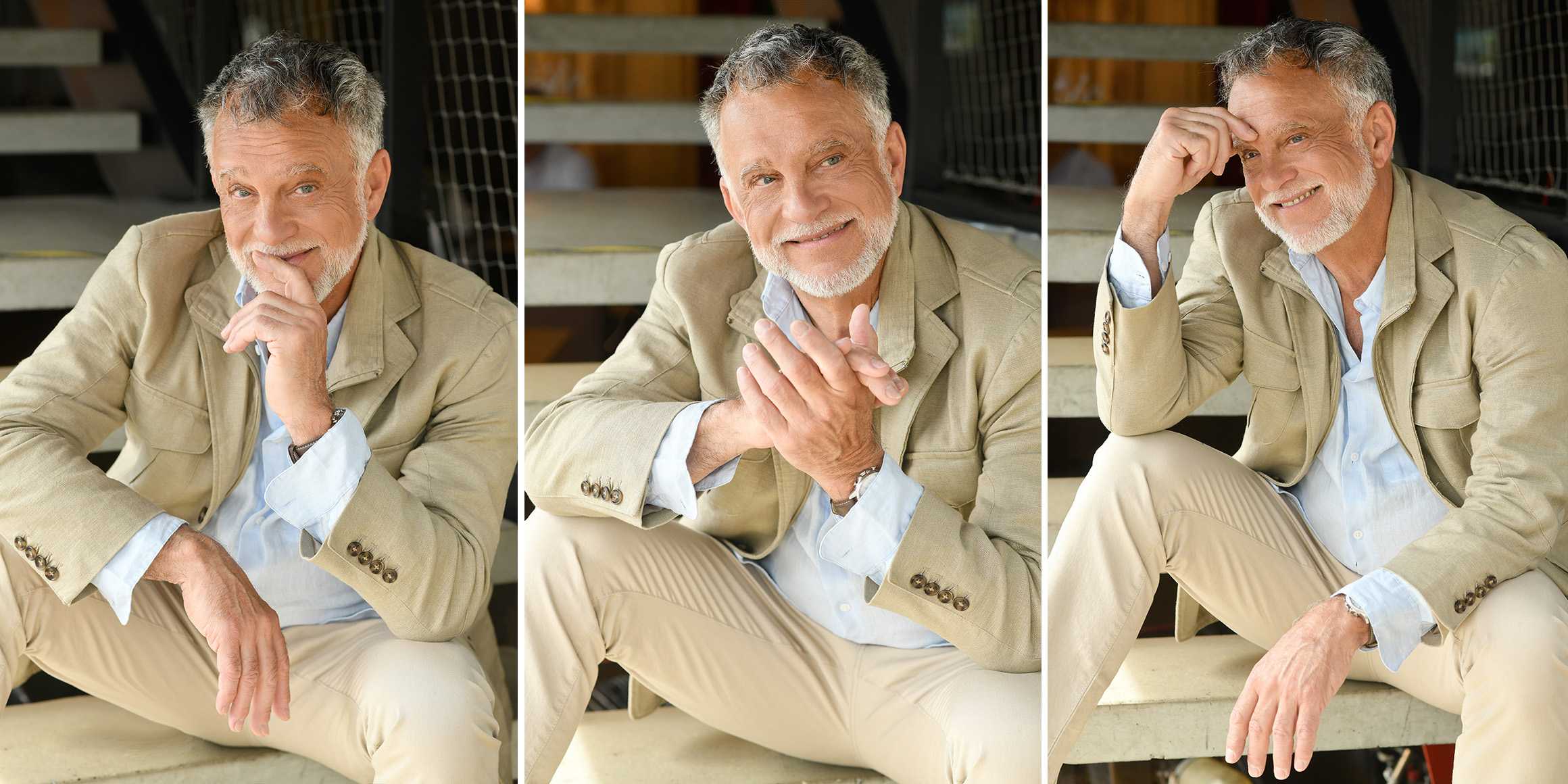 Bestager-, Classic-, Senior-, 50+ Model Michael Diehl Fotomodell aus Esslingen bei Stuttgart mit Fashion beige auf Treppe