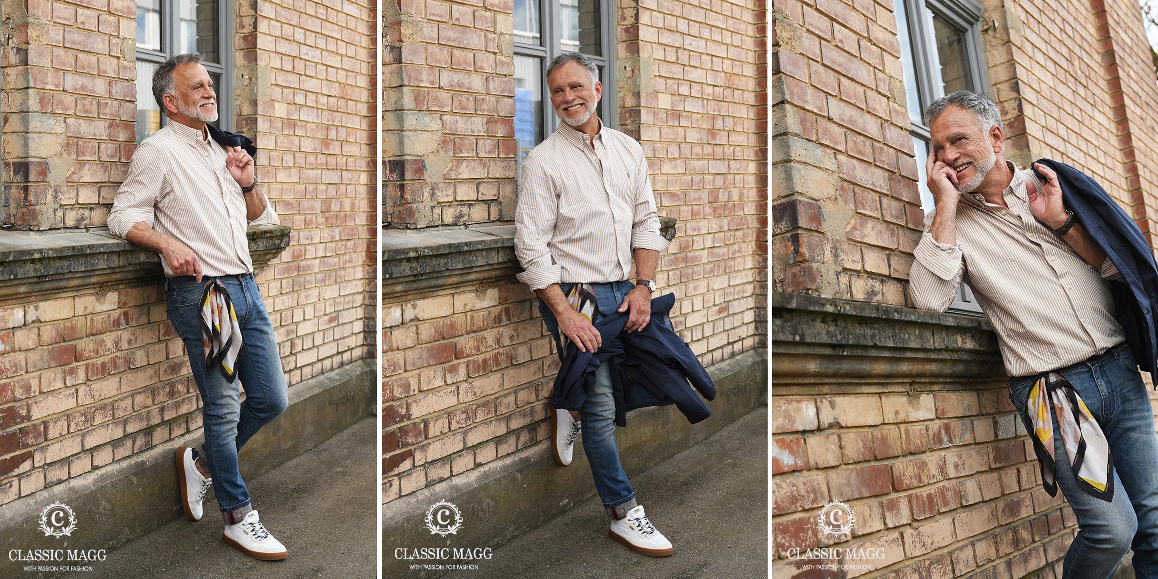 Bestager-, Classic-, Senior-, 50+ Model Michael Diehl Fotomodell aus Esslingen bei Stuttgart mit Fashion Jeans mit Hemd Backsteinmauer