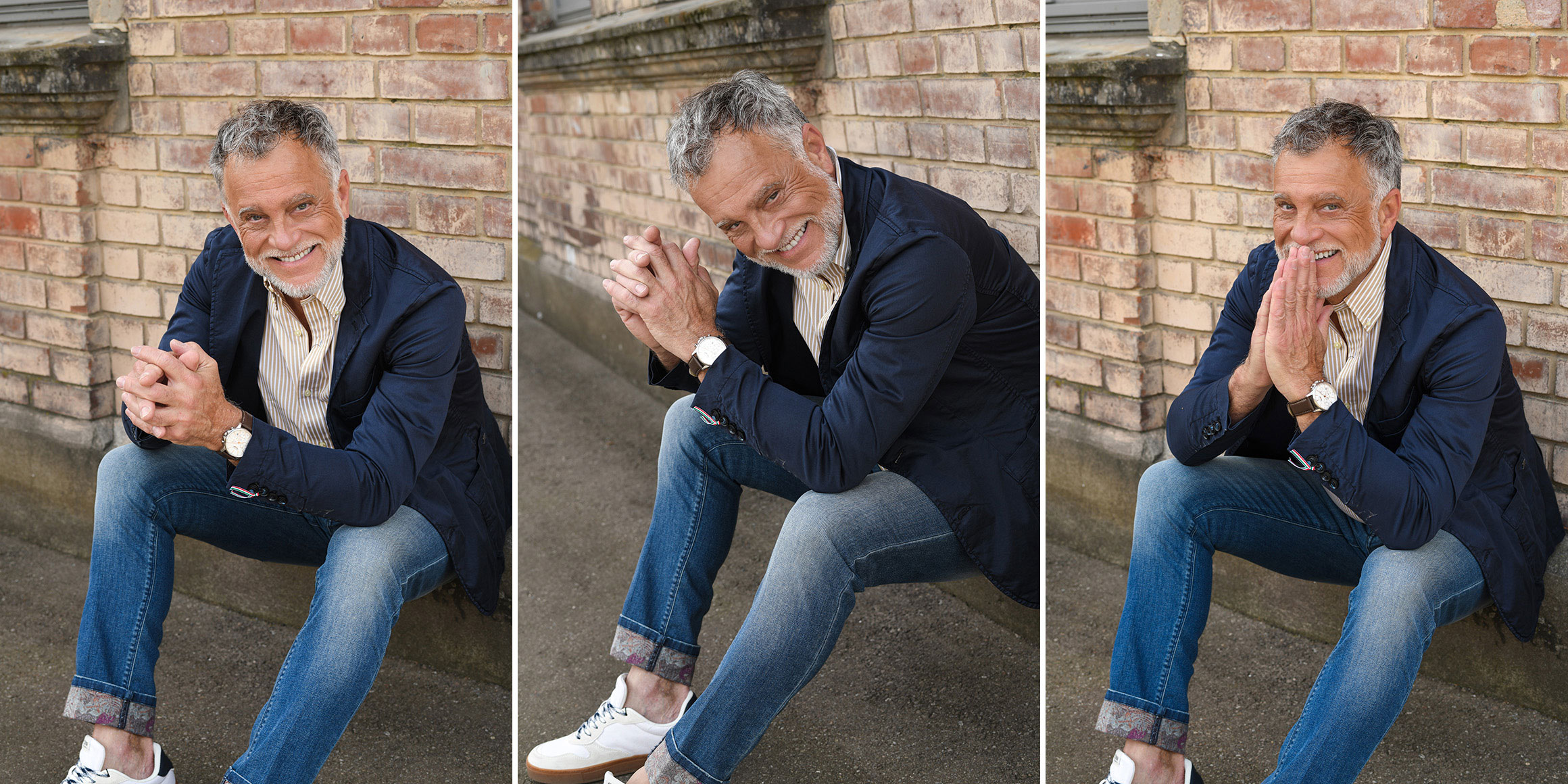 Bestager-, Classic-, Senior-, 50+ Model Michael Diehl Fotomodell aus Esslingen bei Stuttgart mit Fashion Jeans mit Hemd Backsteinmauer