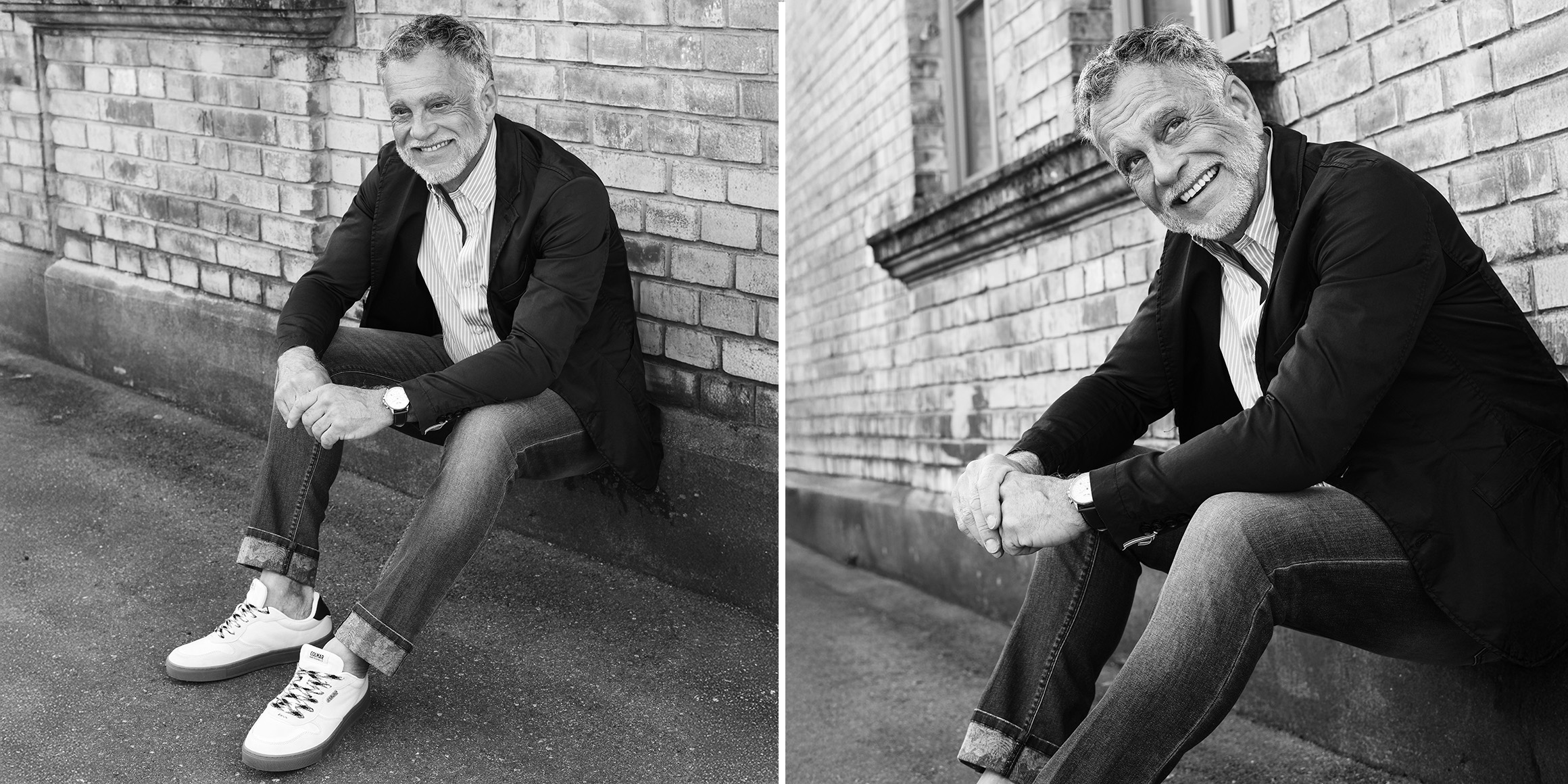 Fotomodell, Bestager-, Classic-, Senior-, 50+ Model Michael Diehl aus Esslingen bei Stuttgart mit Head s/w sitzend Mauer