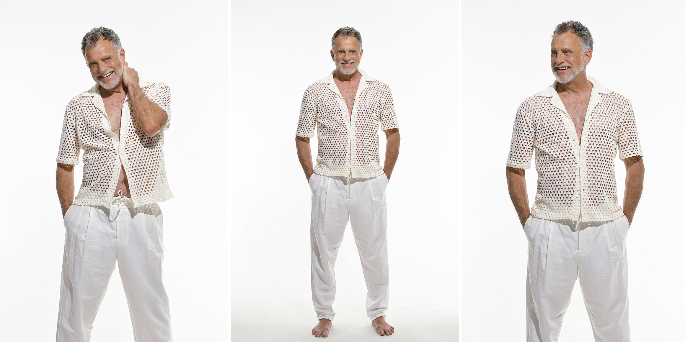 Bestager-, Classic-, Senior-, 50+ Model Michael Diehl Fotomodell aus Esslingen bei Stuttgart mit Fashion weißes Outfit im Studio