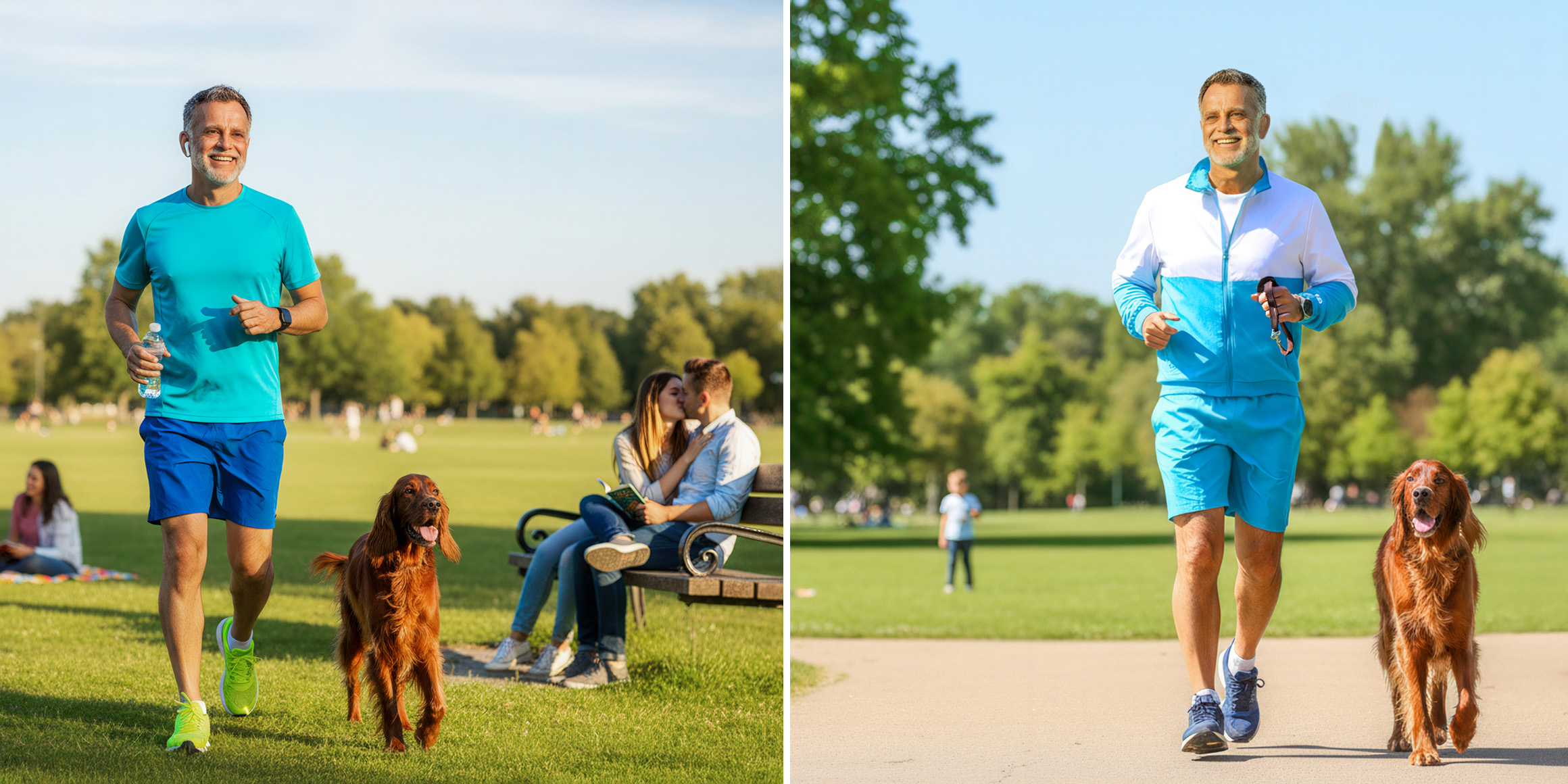 Bestager-, Classic-, Senior-, 50+ Model Michael Diehl Fotomodell aus Esslingen bei Stuttgart mit Fashion Jogging im Park mit Hund