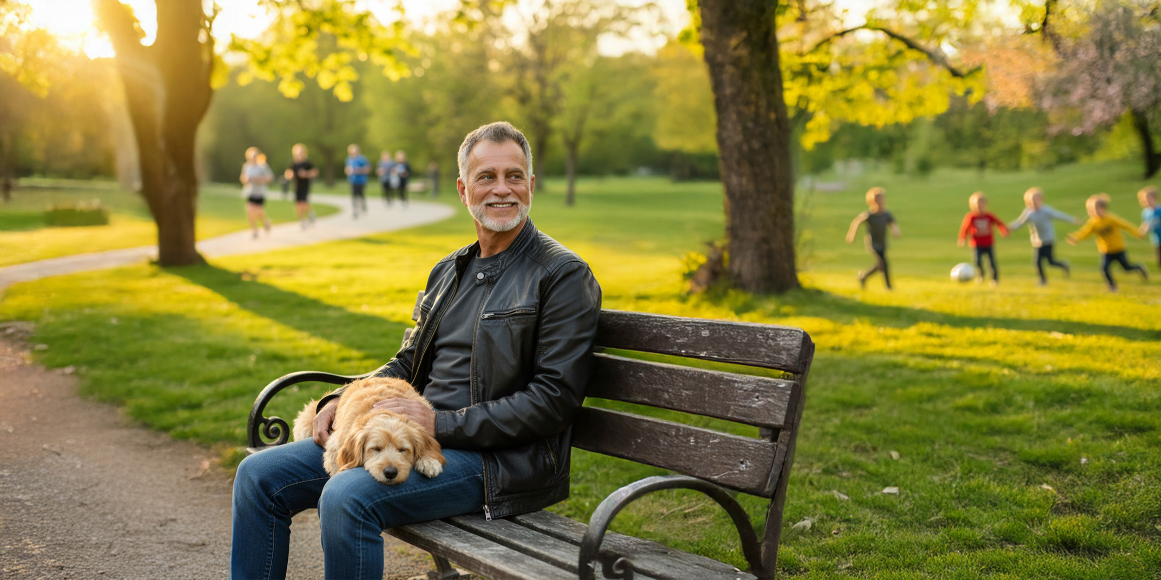 Bestager-, Classic-, Senior-, 50+ Model Michael Diehl Fotomodell aus Esslingen bei Stuttgart mit Lifestyle lachend auf Parkbank mit Hund